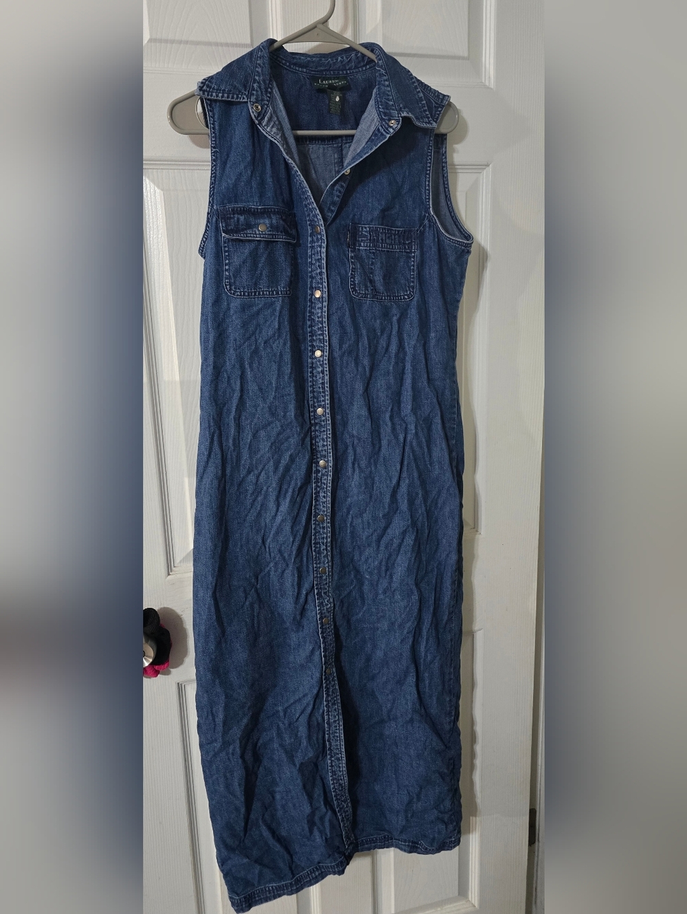 Lauren Ralph Lauren Button-Front Sleeveless Denim Maxi Dress in Dark Blue Size L